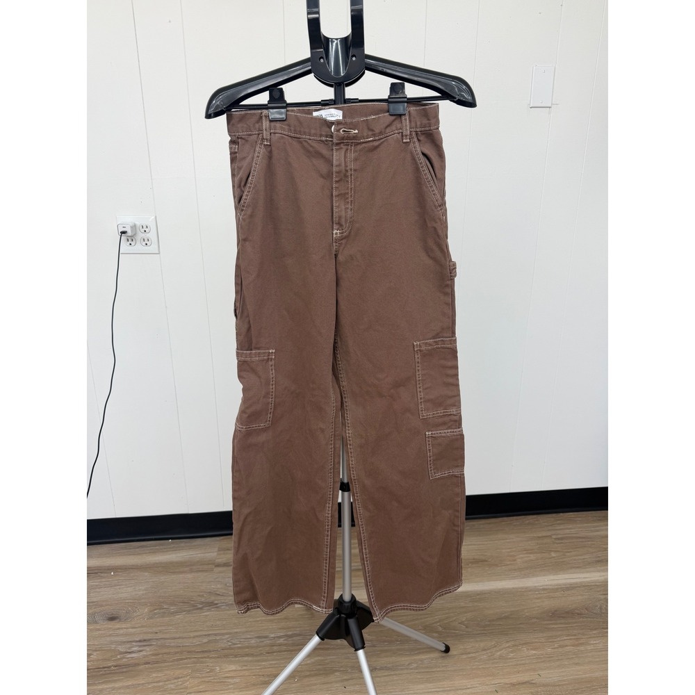 Zara Cargo Pants Womens 6 Brown Excellent Wide Leg Contrast Stitch Utility